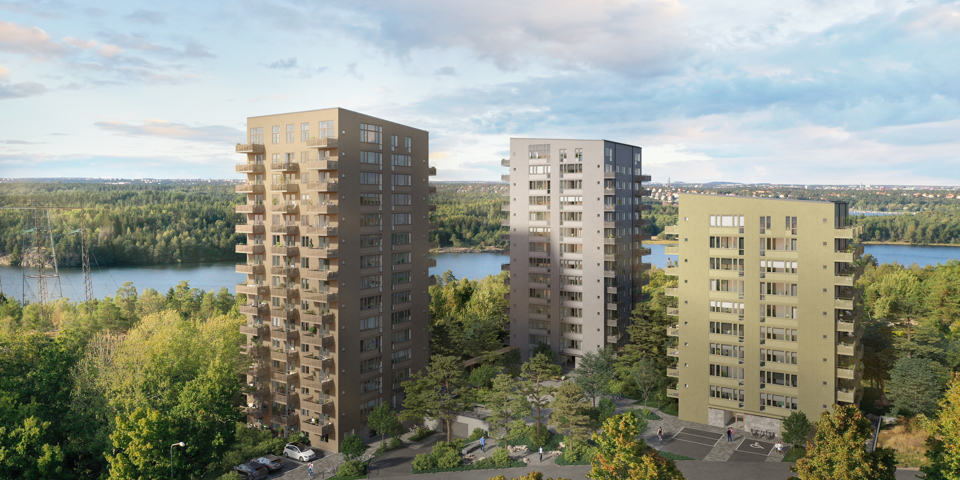 Tre punkthus, bakom syns vatten och skogsmiljö, illustration.